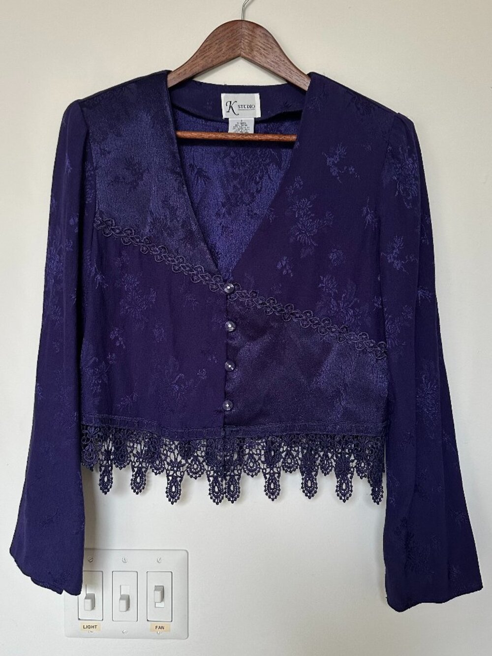 Vintage 80s K Studio Royal Purple Lace Trim Blouse/Jacket size 8🔮✨